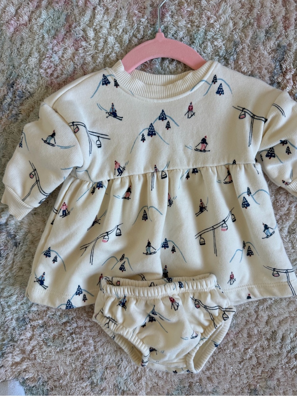 Little Planet Cream Ski Print Baby sweatshirt dress 0-3 month never worn